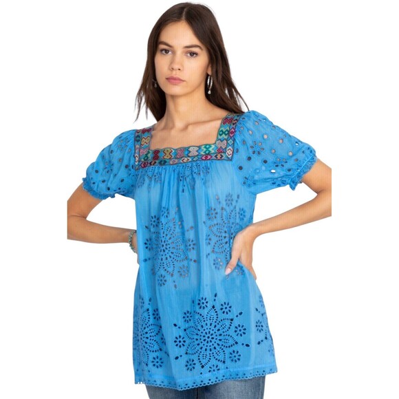 JOHNNY WAS Blue HAPPY SIA Square Neck Eyelet Blouse Eyelet Lace Medium - Picture 2 of 11